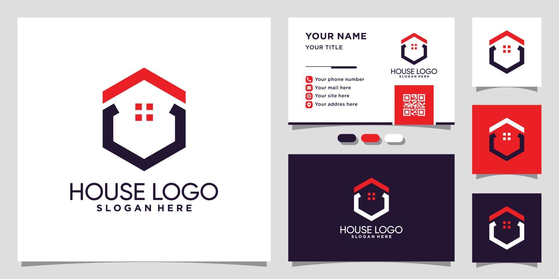 House logo template with unique hexagon concept and business card design Premium Vector