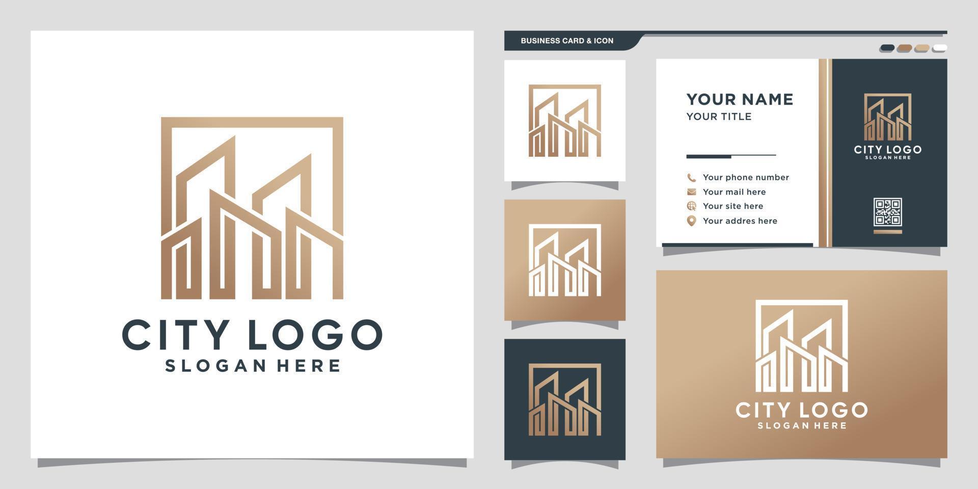 Building city logo with line art style and business card design Premium Vector