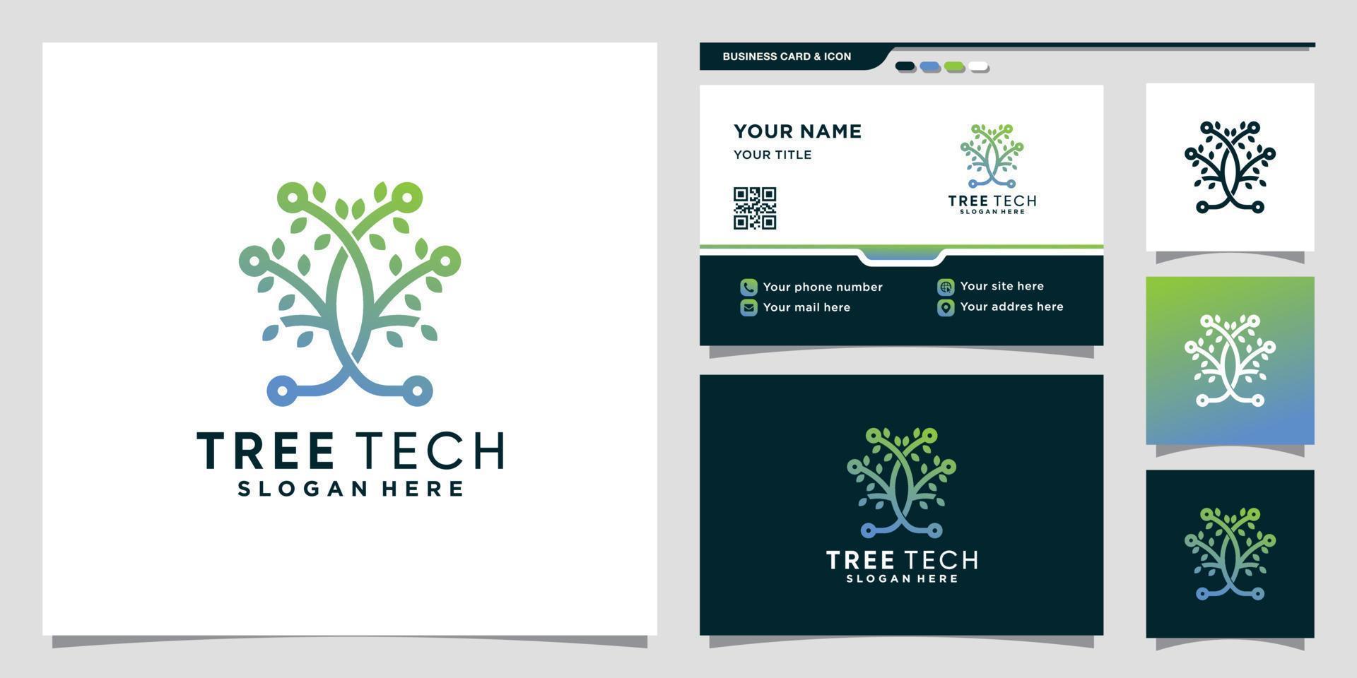 logotipo de tecnología de árbol con estilo de arte de línea y diseño de tarjeta de visita vector premium