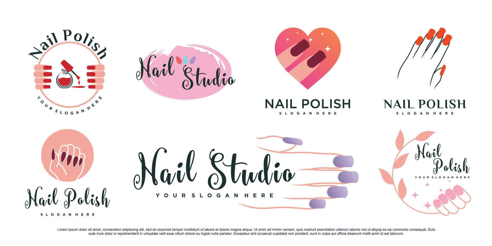 Set of nail polish studio or nail art logo design template with creative element Premium Vector