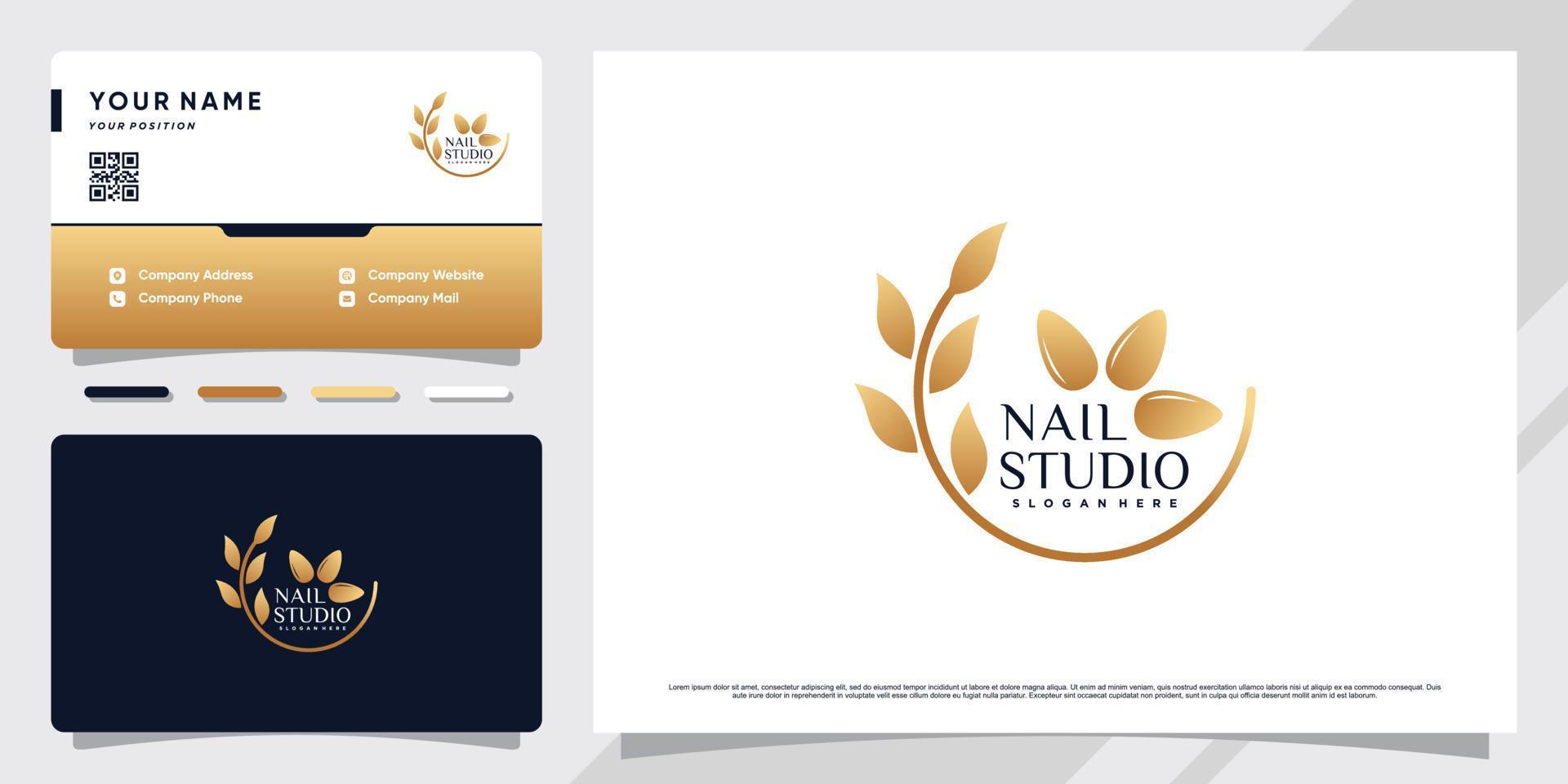 Nail studio logo with golden gradient style color and business card design Premium Vector