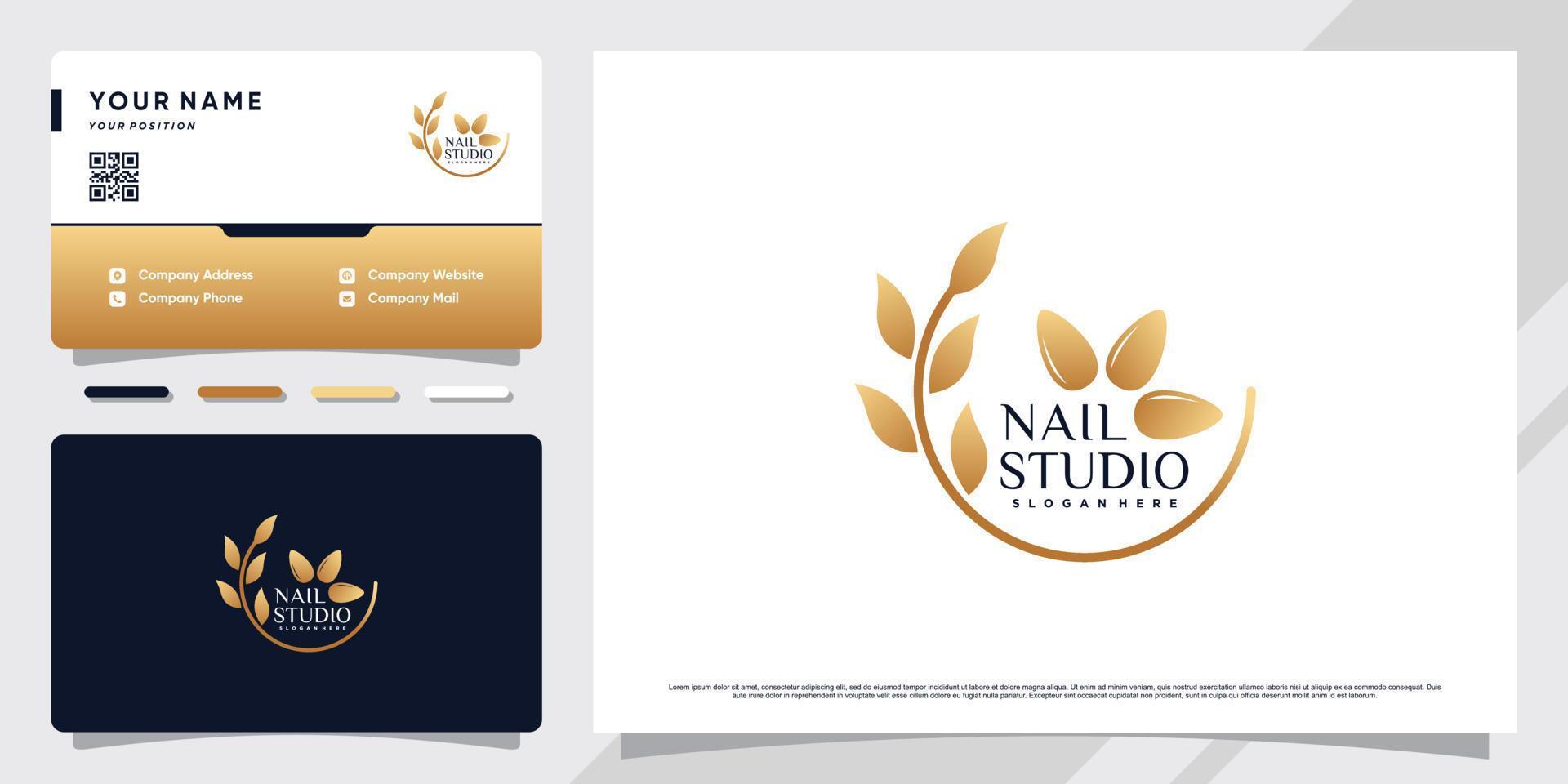 logotipo de nail studio con color de estilo degradado dorado y diseño de tarjeta de visita vector premium