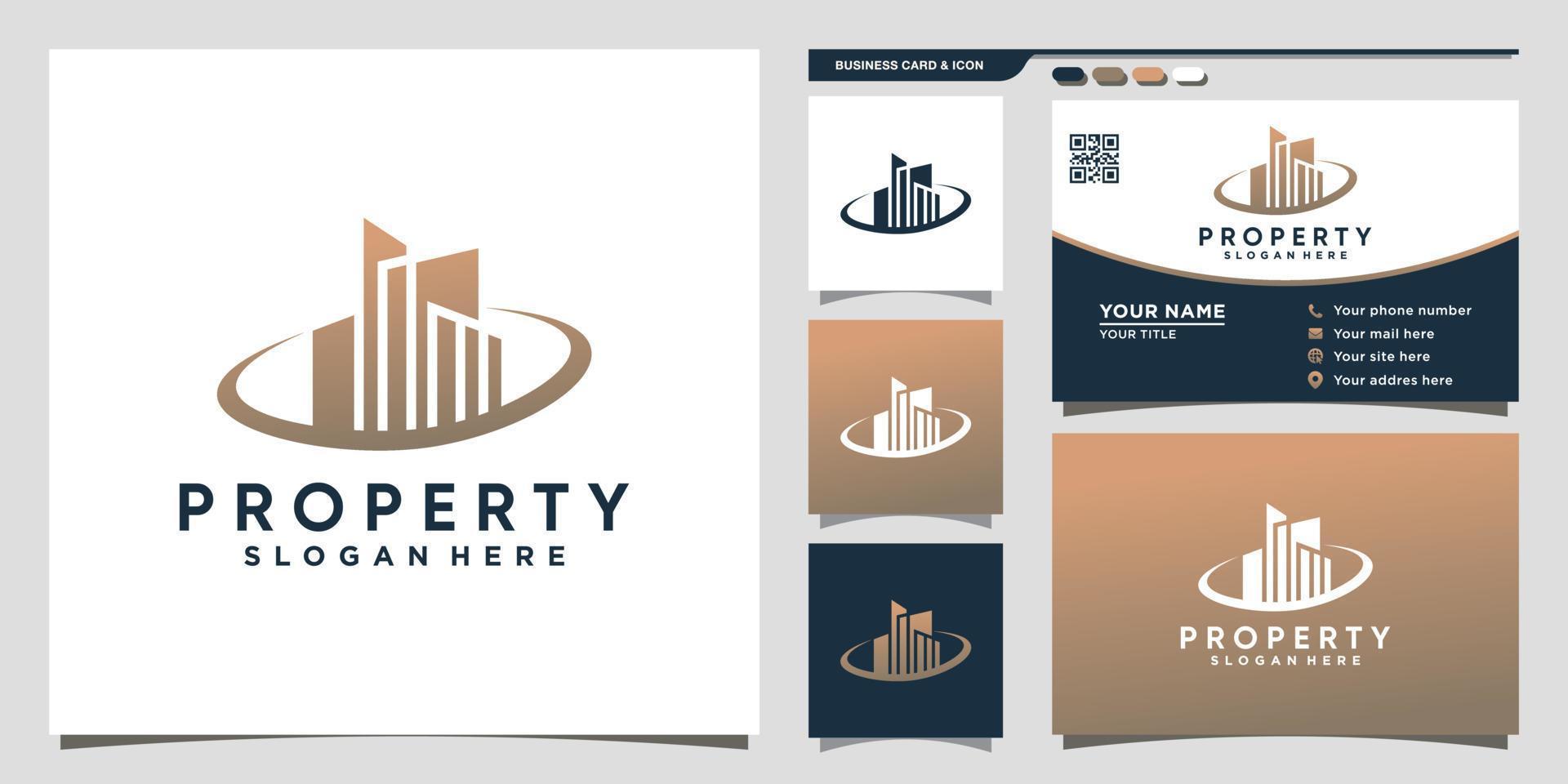 Building property logo with unique concept and business card design Premium Vector