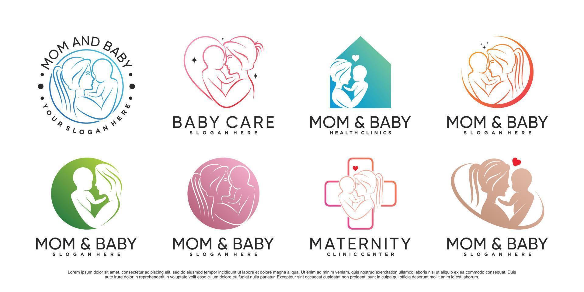 Mom and baby icon set logo design template with creative element Premium Vector