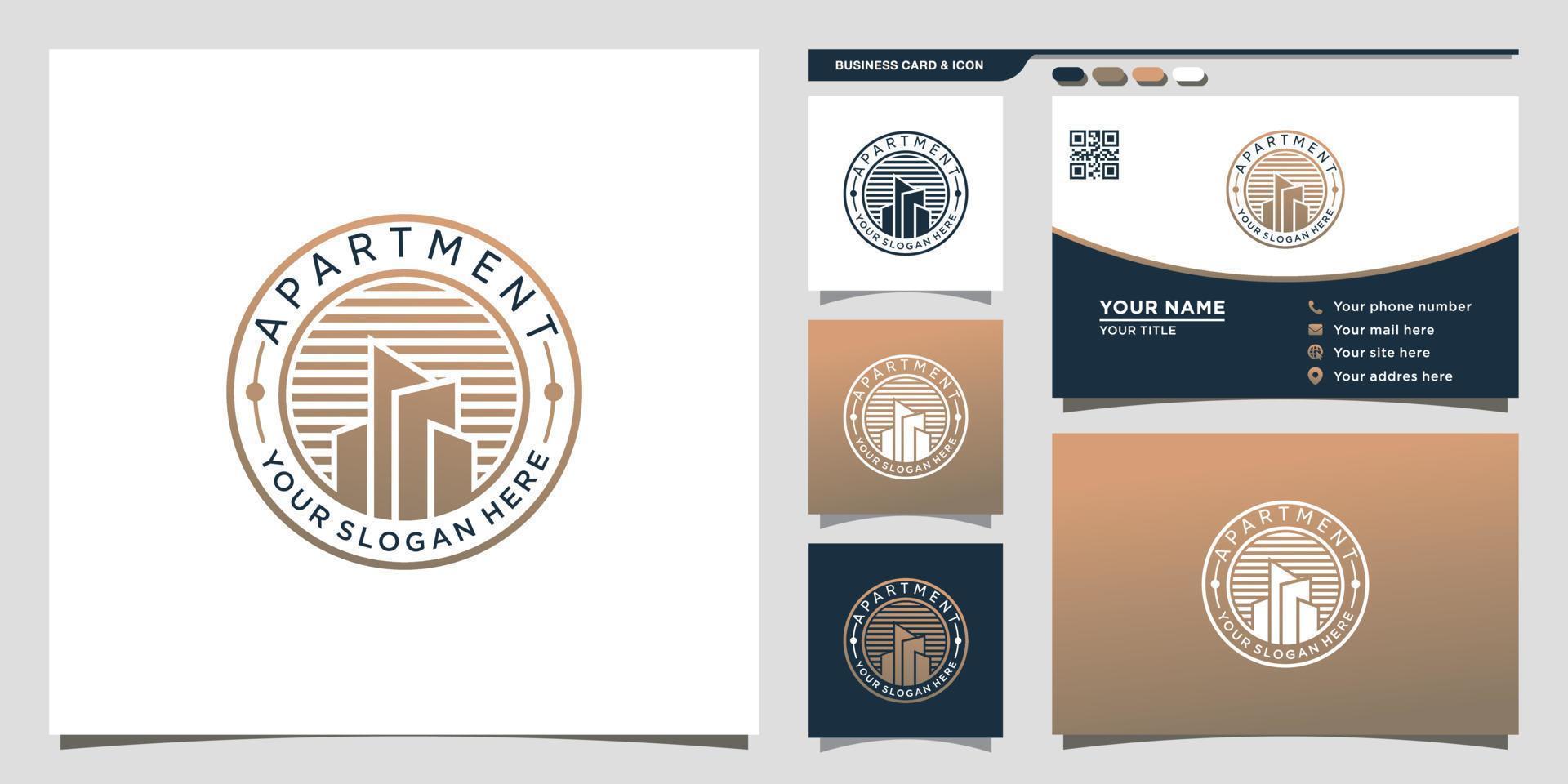 Apartment building logo with unique circle concept and business card design Premium Vector