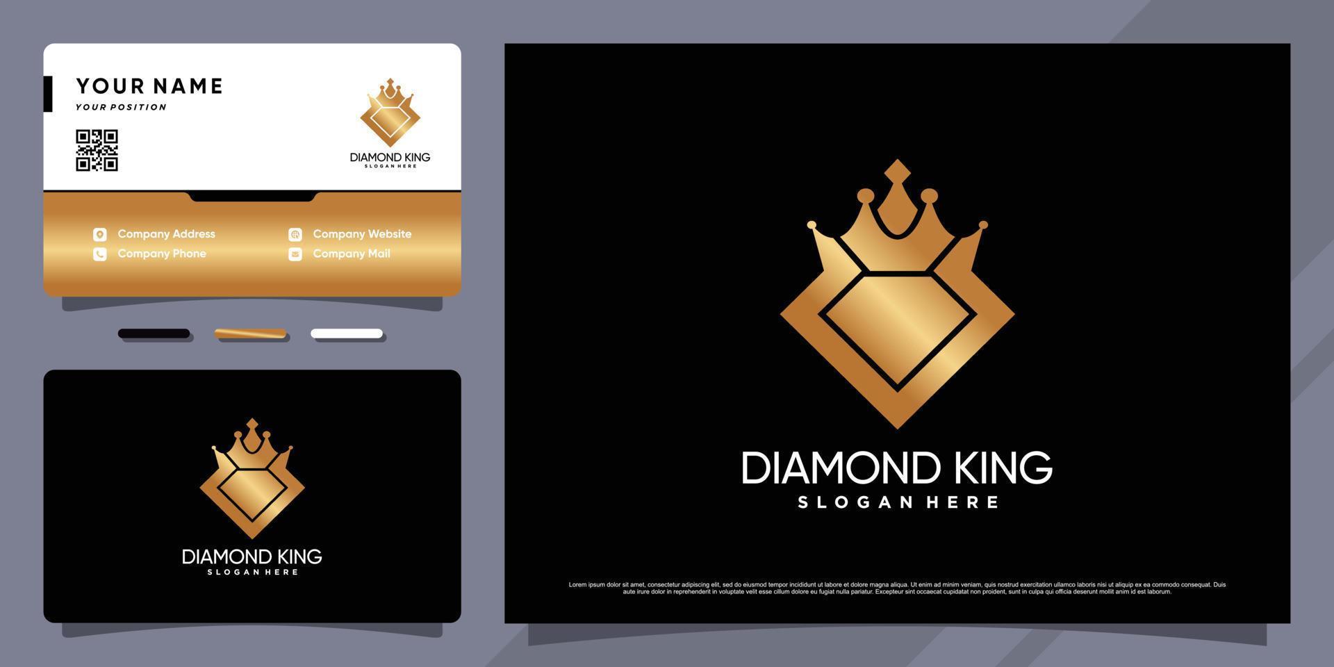 Diamond king logo with golden gradient style color and business card design Premium Vector
