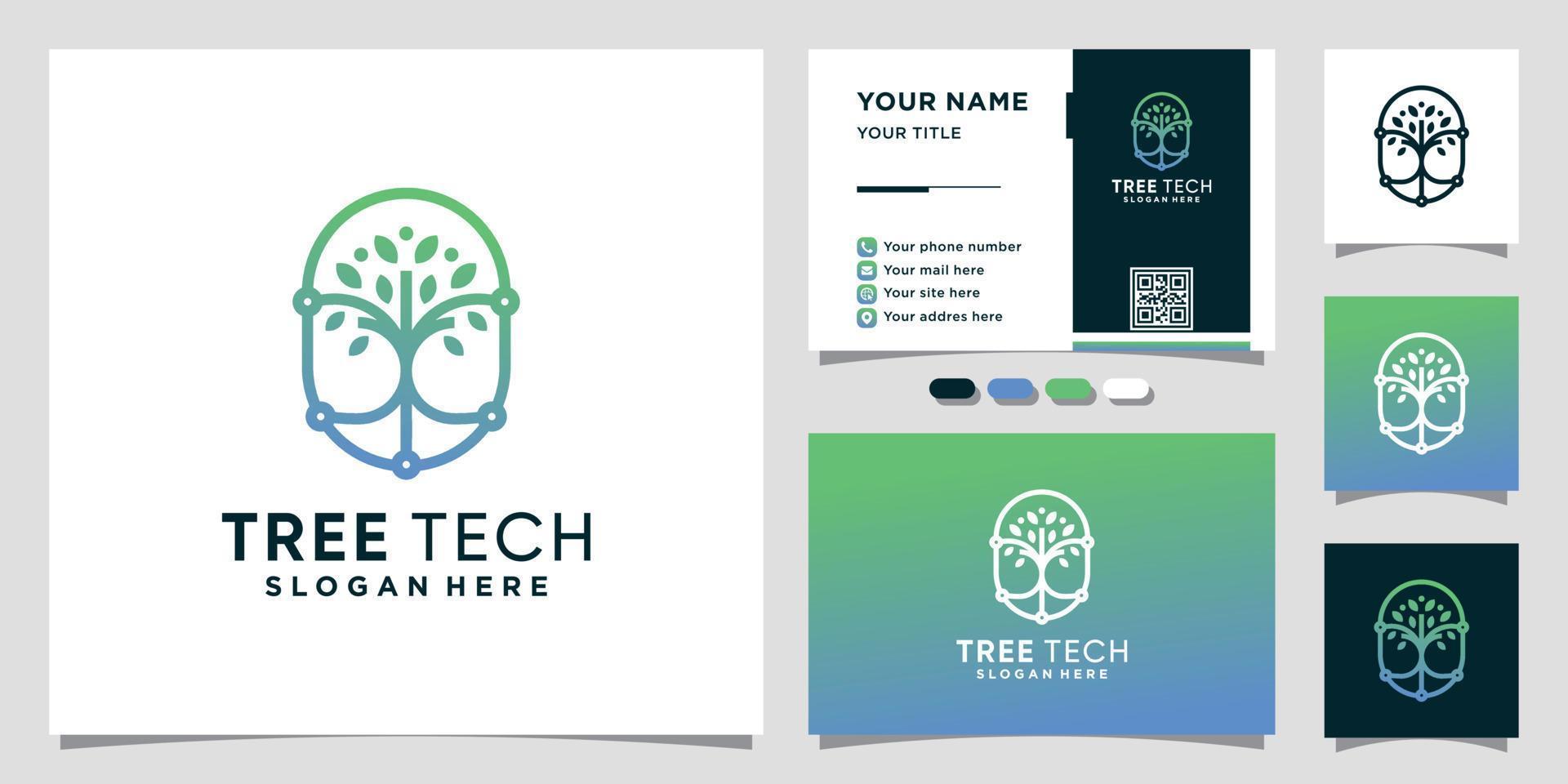 Nature tree logo technology with unique linear style and business card design Premium Vector