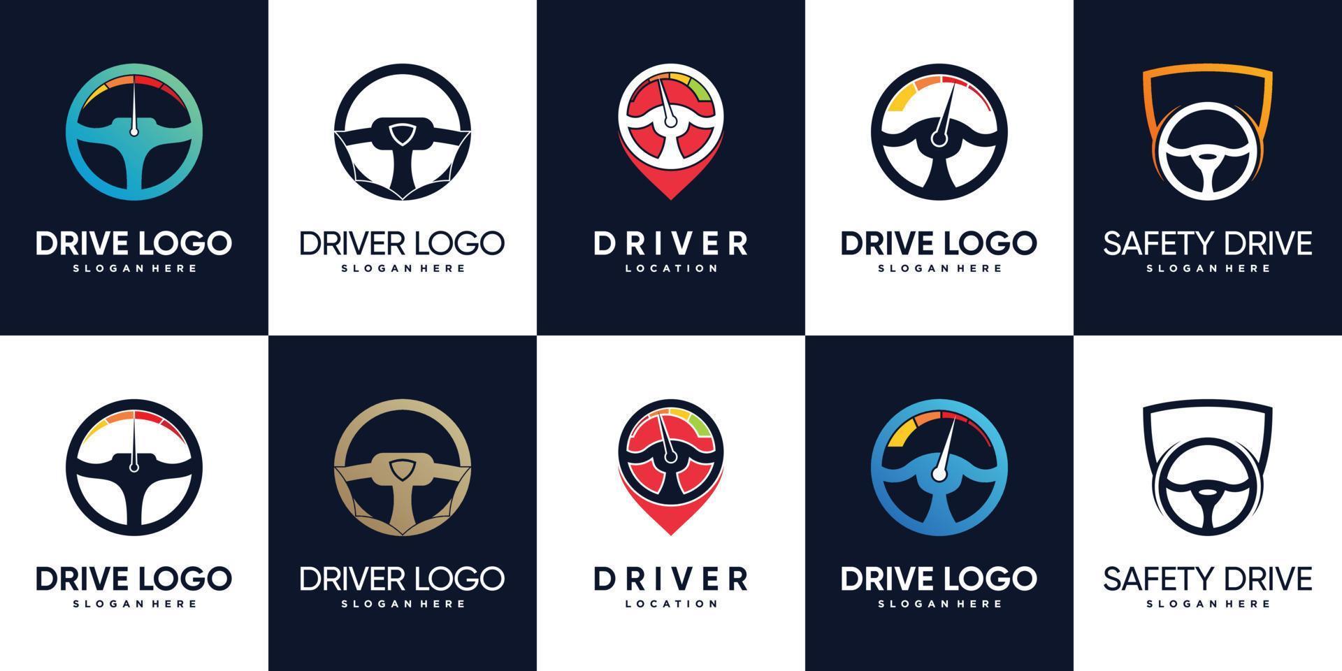 conjunto de diseño de logotipo de conductor con dirección y vector premium de elemento creativo