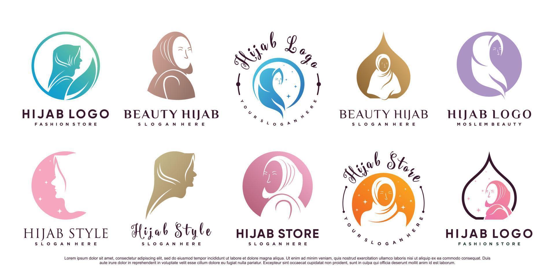 conjunto de diseño de logotipo hijab para mujer musulmana con vector premium de elemento creativo