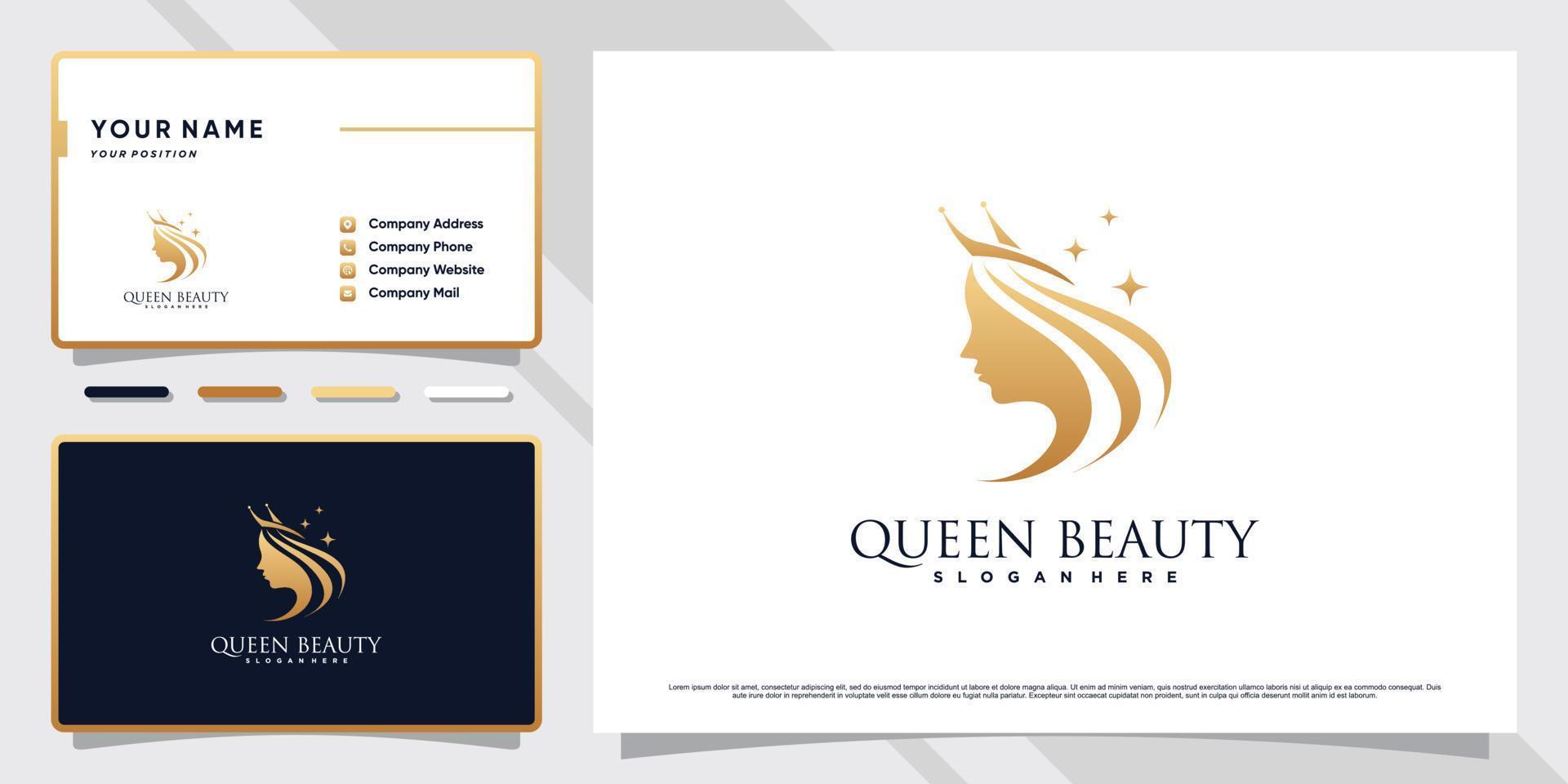 Queen beauty logo with golden style color and business card design Premium Vector