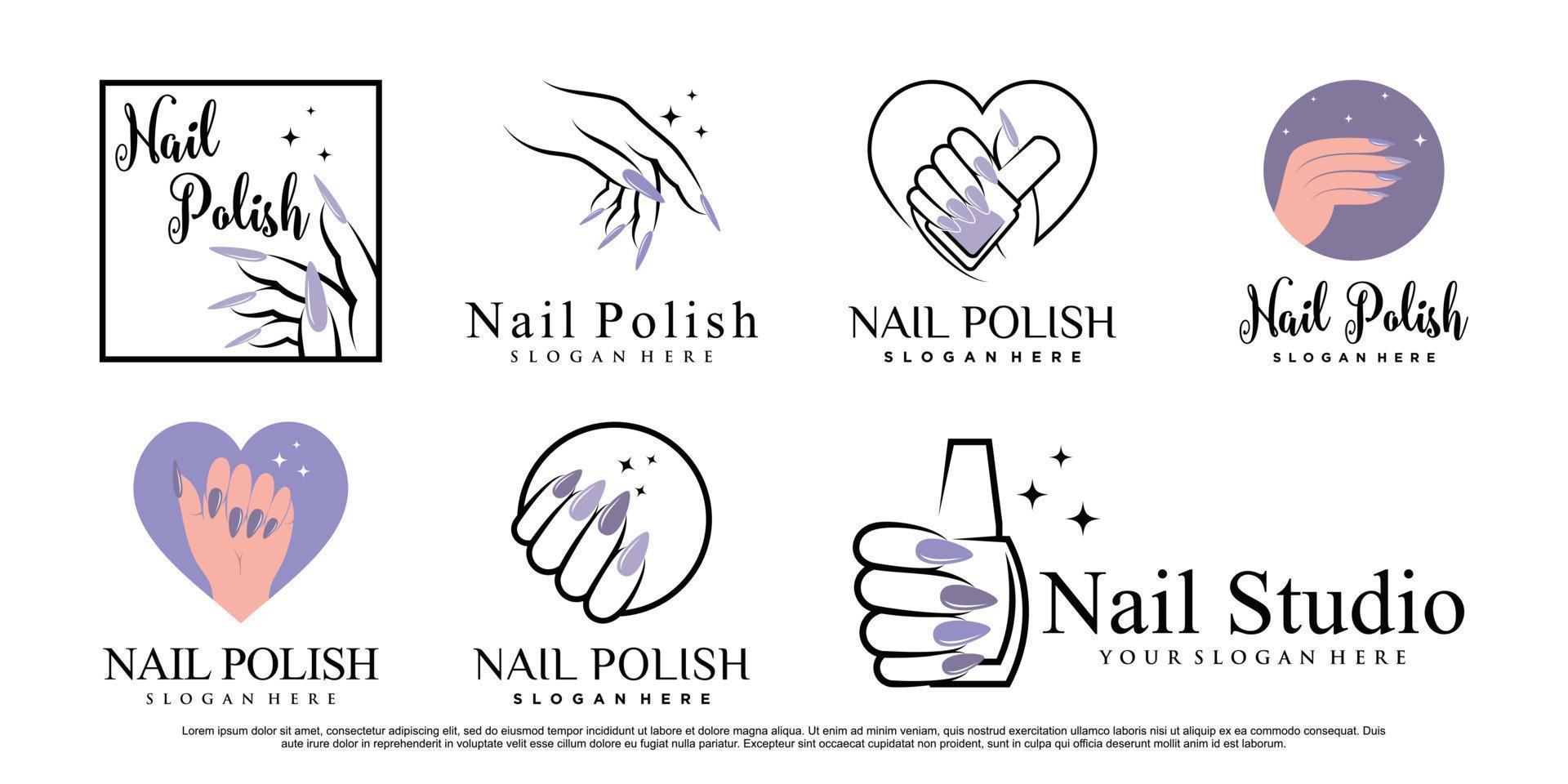 conjunto de manicura de diseño de logotipo de esmalte de uñas con vector premium de concepto creativo