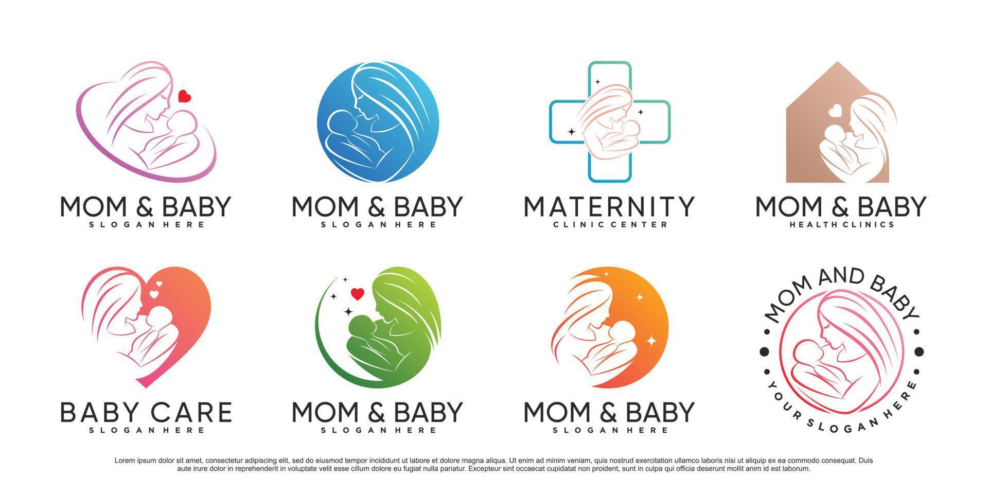 Mom and baby icon set logo design template with creative element Premium Vector