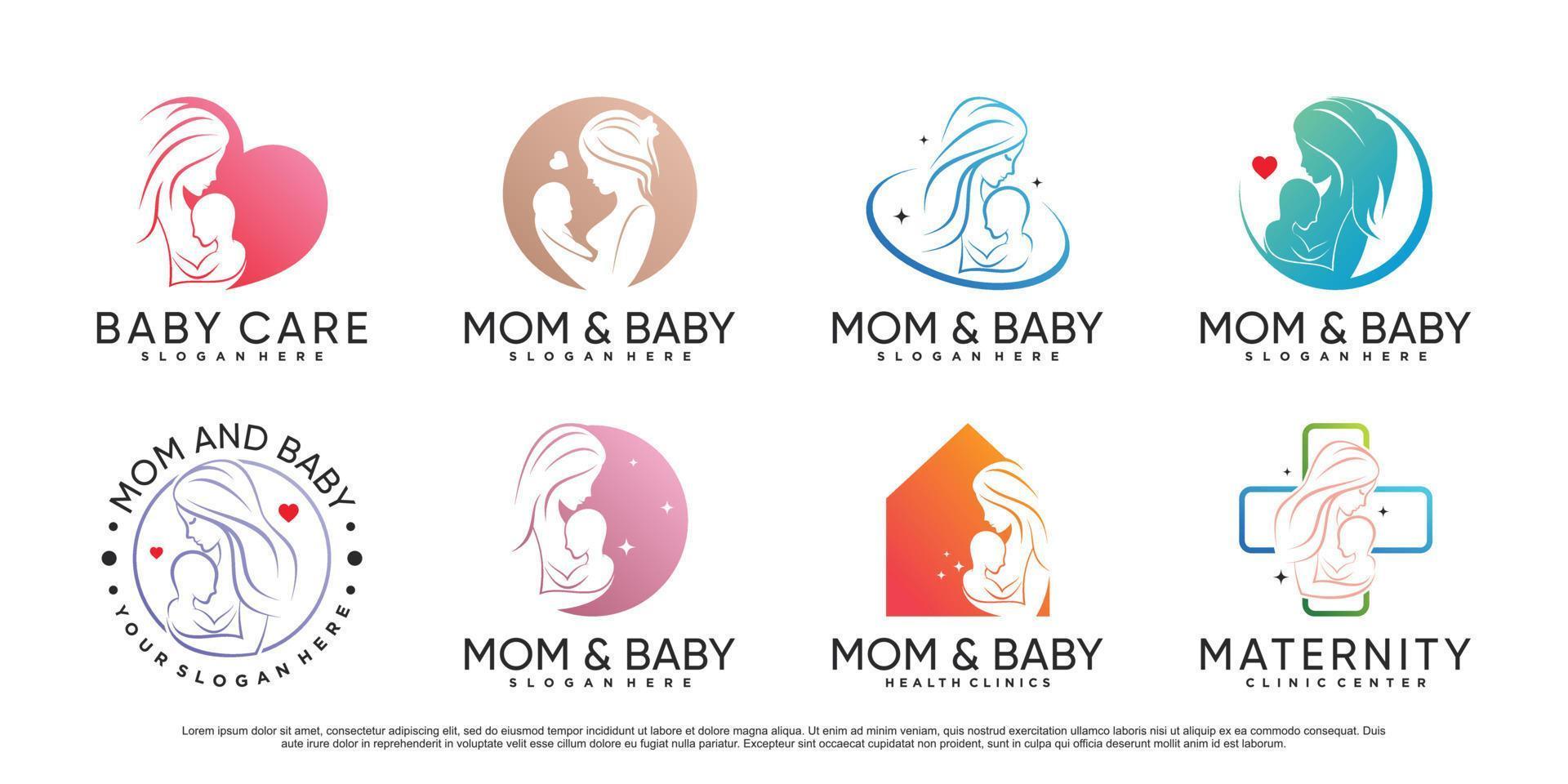 Mom and baby icon set logo design template with creative element Premium Vector