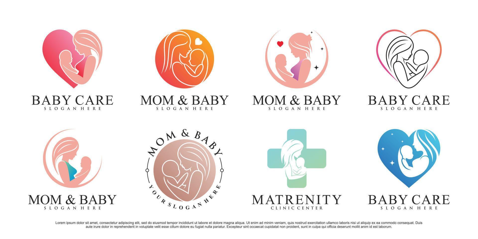 Mom and baby icon set logo design template with creative element Premium Vector