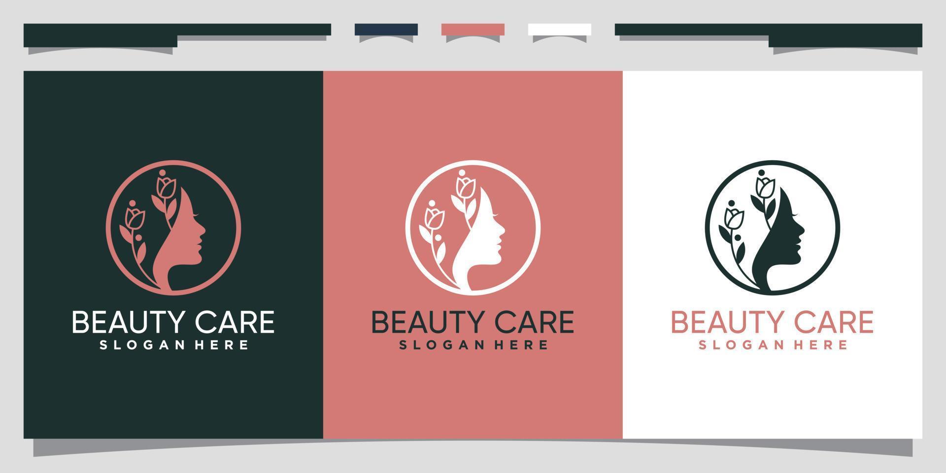 diseño de logotipo de cuidado de belleza con cara de mujer y estilo de arte lineal vector premium