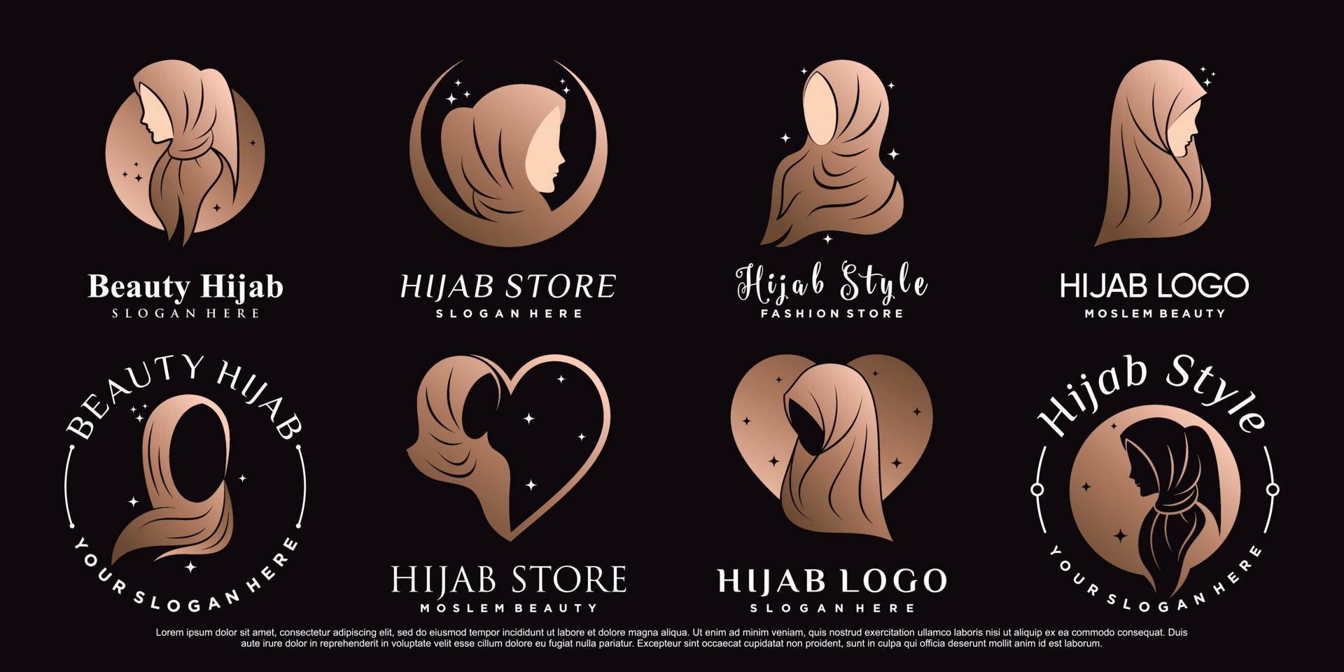 conjunto de plantilla de diseño de logotipo de belleza hijab con cara de mujer y vector premium de concepto único