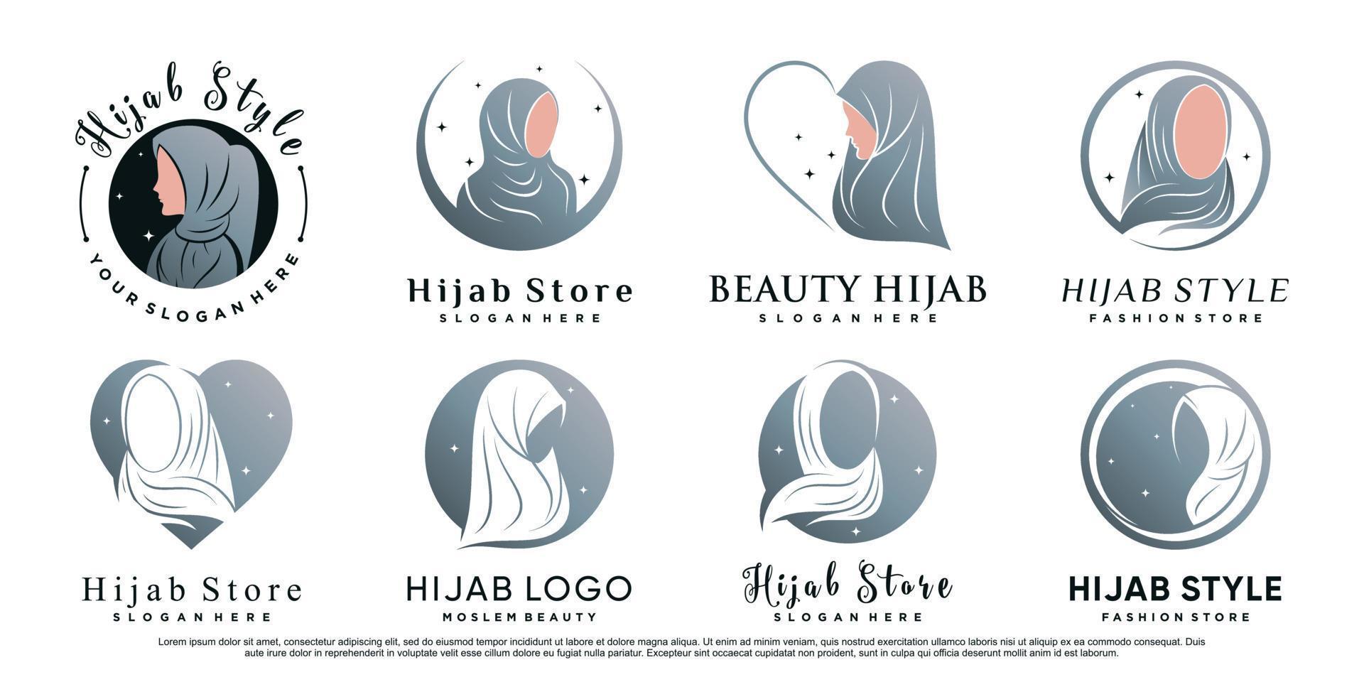 Set of hijab logo design template with woman face and creative element Premium Vector