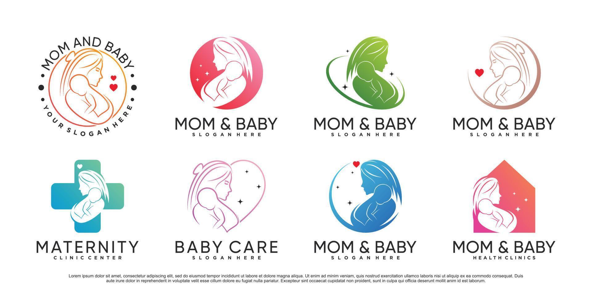 Mom and baby icon set logo design template with creative element Premium Vector