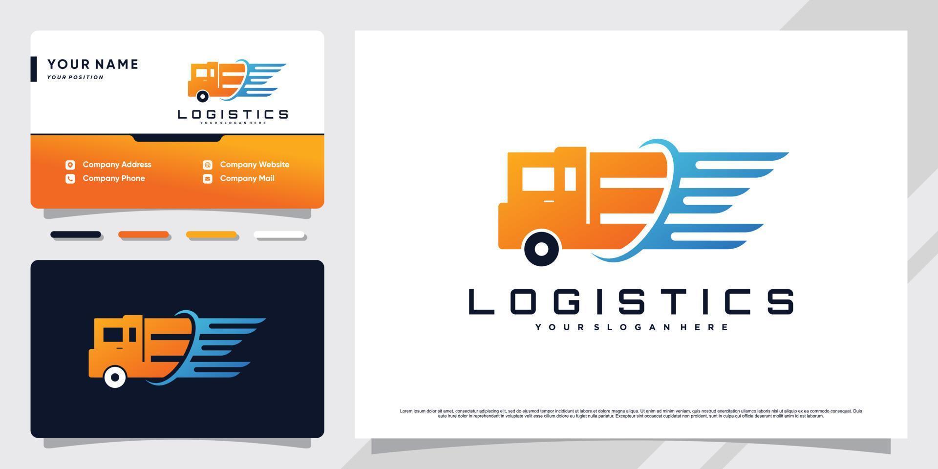 Abstract logistics truck logo with creative concept and business card design Premium Vector