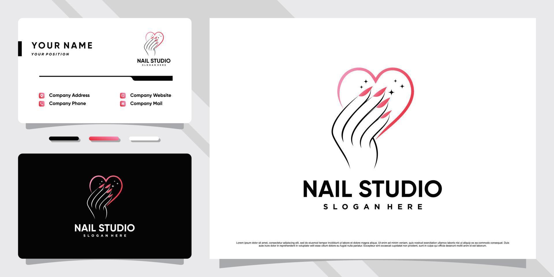 logotipo de nail studio con concepto de corazón y diseño de tarjeta de visita vector premium