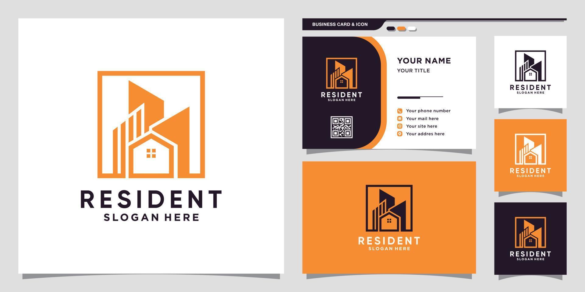 logotipo inmobiliario con estilo de arte de línea y diseño de tarjeta de visita vector premium