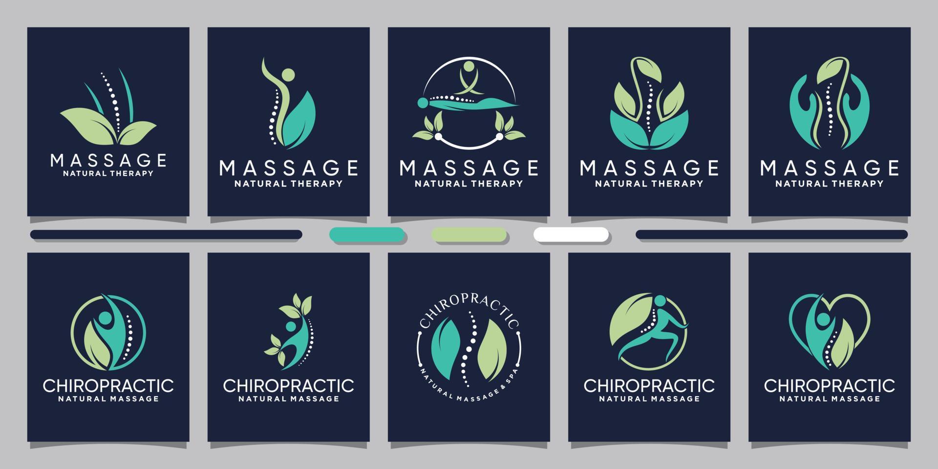 conjunto de diseño de logotipo de quiropráctica y masaje con vector premium de concepto de hoja natural