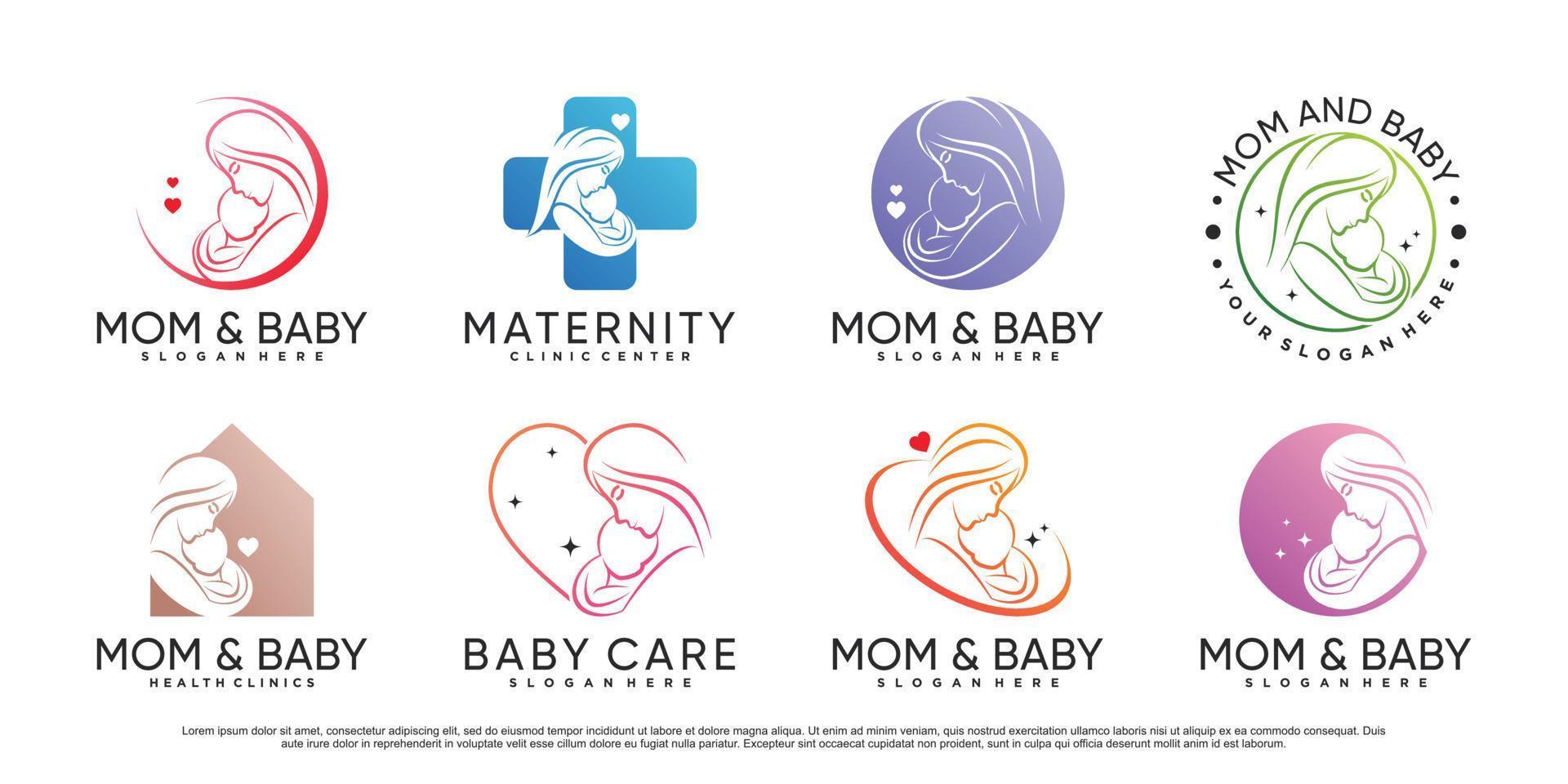 Mom and baby icon set logo design template with creative element Premium Vector