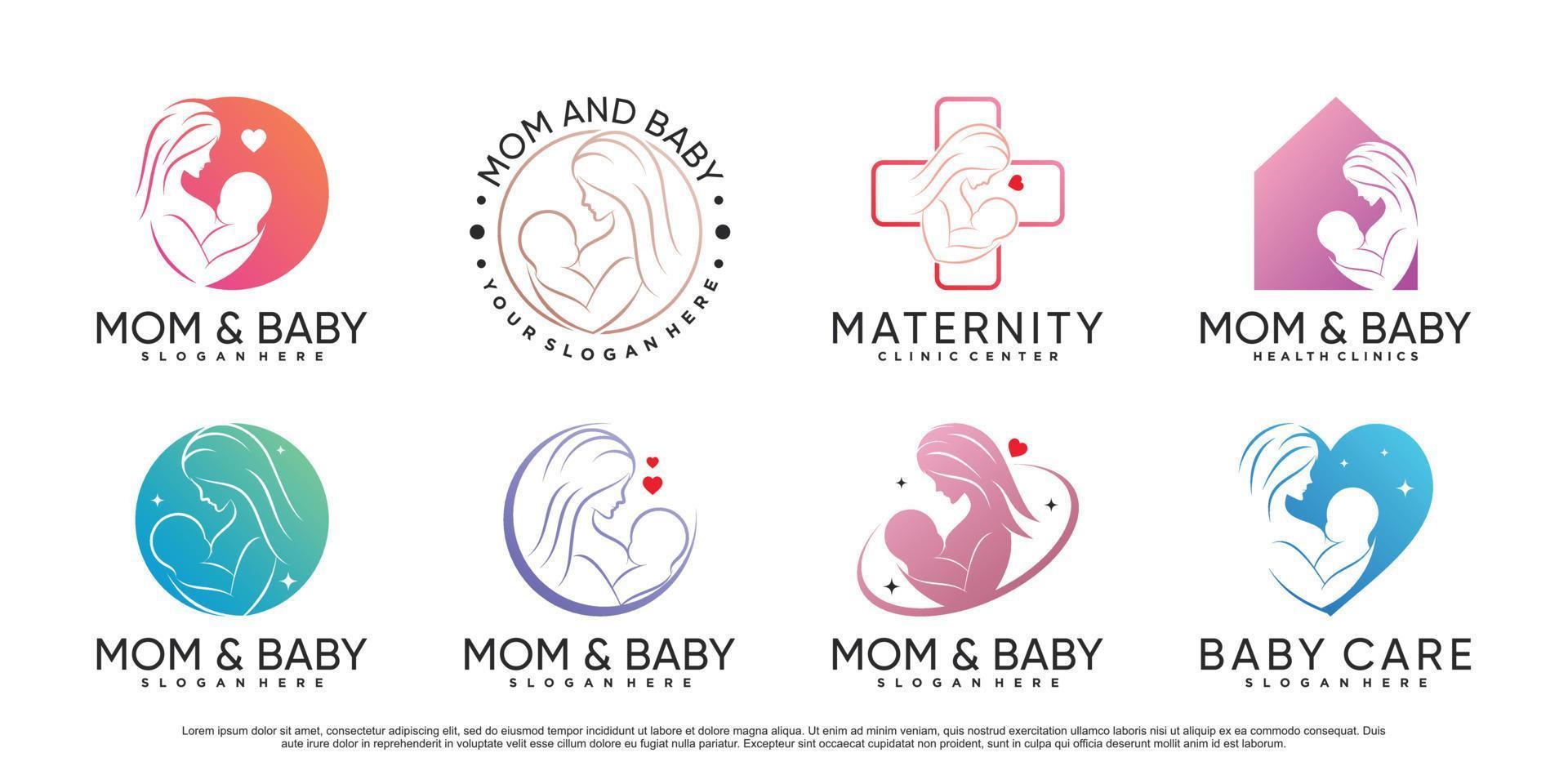 Mom and baby icon set logo design template with creative element Premium Vector