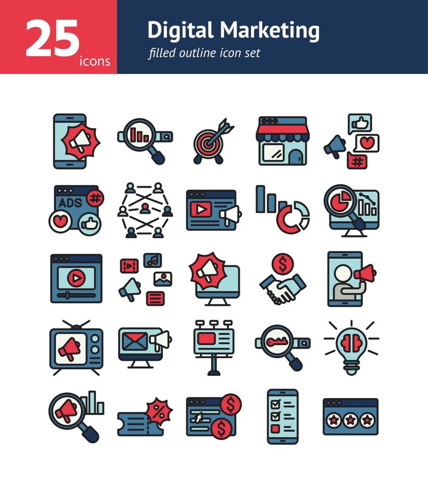 Digital Marketing filled outline icon set. vector