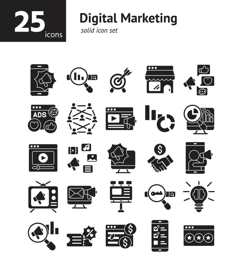 conjunto de iconos sólidos de marketing digital. vector