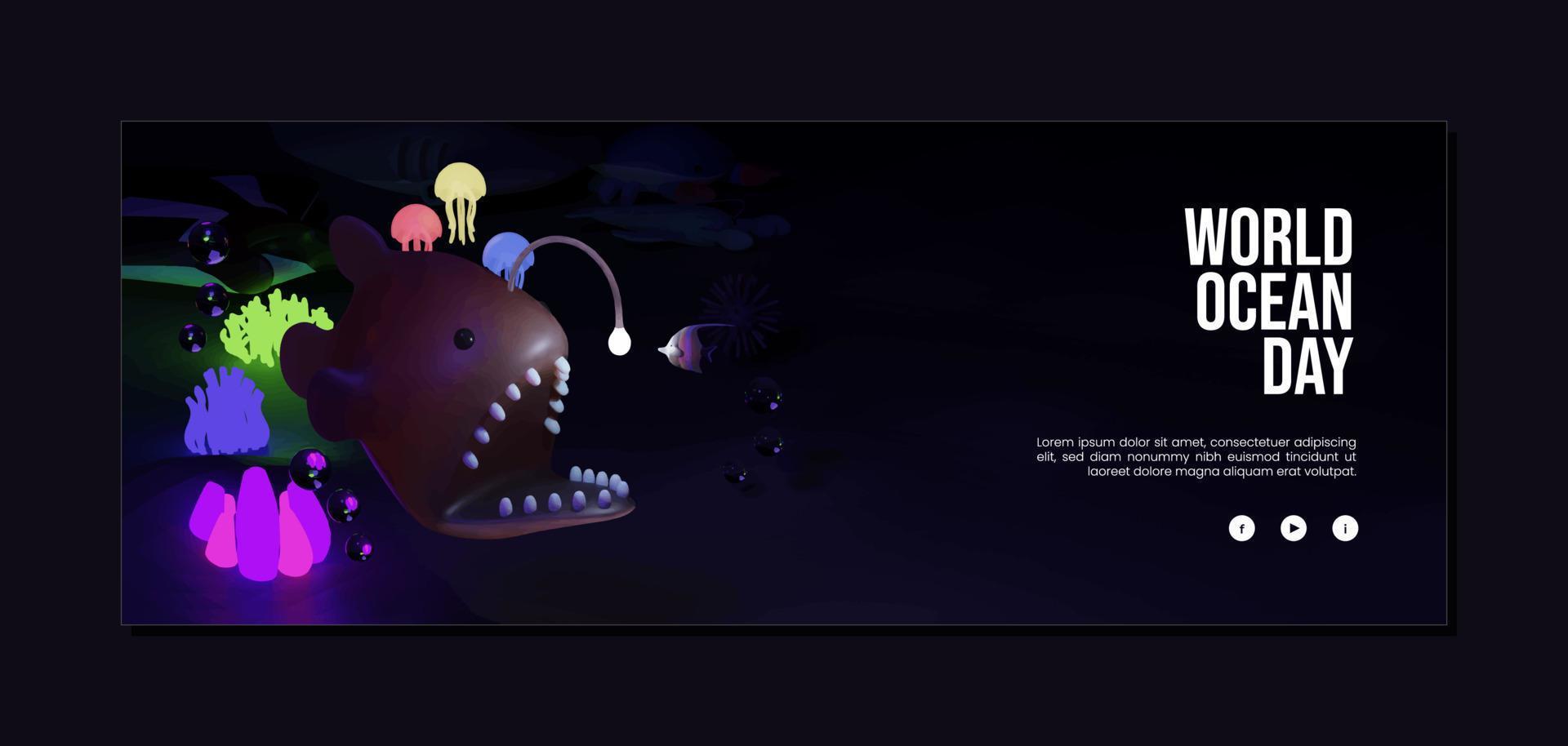 World Ocean Day Banner Template With Angler Fish 3D Illustration vector