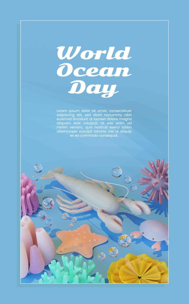 plantilla de póster del día mundial del océano con ilustración 3d de langosta vector