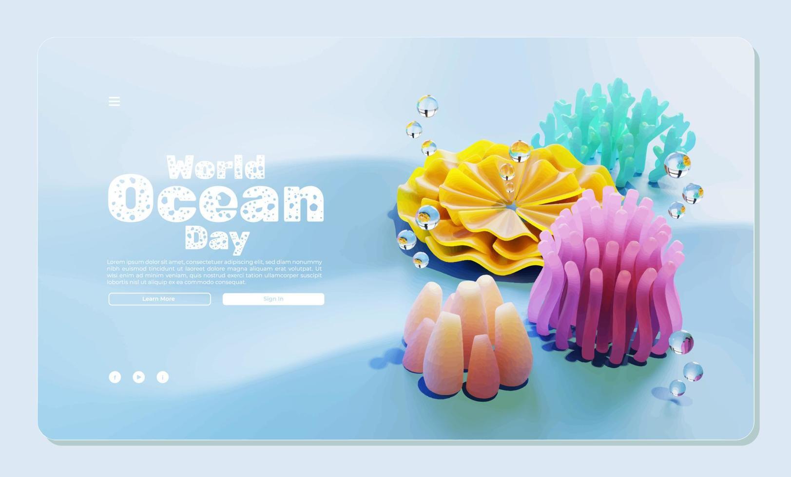 plantilla de página web del día mundial del océano con composición de plantas marinas ilustración 3d vector