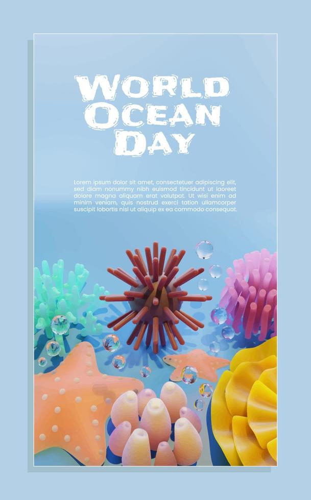 plantilla de póster del día mundial del océano con ilustración 3d de erizo de mar vector