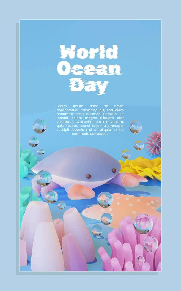 World Ocean Day Poster Template With Crab 3D Illustration vector