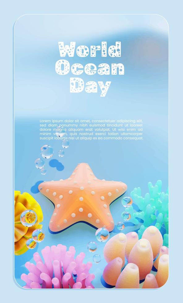 plantilla de póster del día mundial del océano con fondo de ilustración de estrella de mar vector