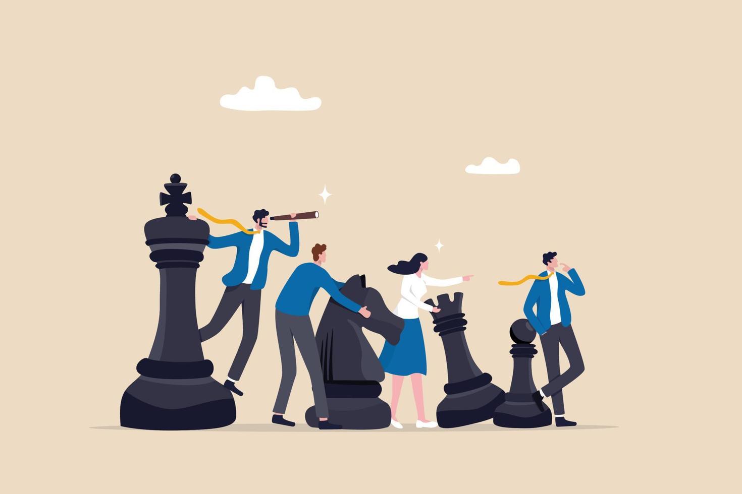 Strategy to win competition, teamwork help plan strategic idea to fight and achieve business victory, challenge concept, business people team players stand strong with king, knight chess pieces. vector