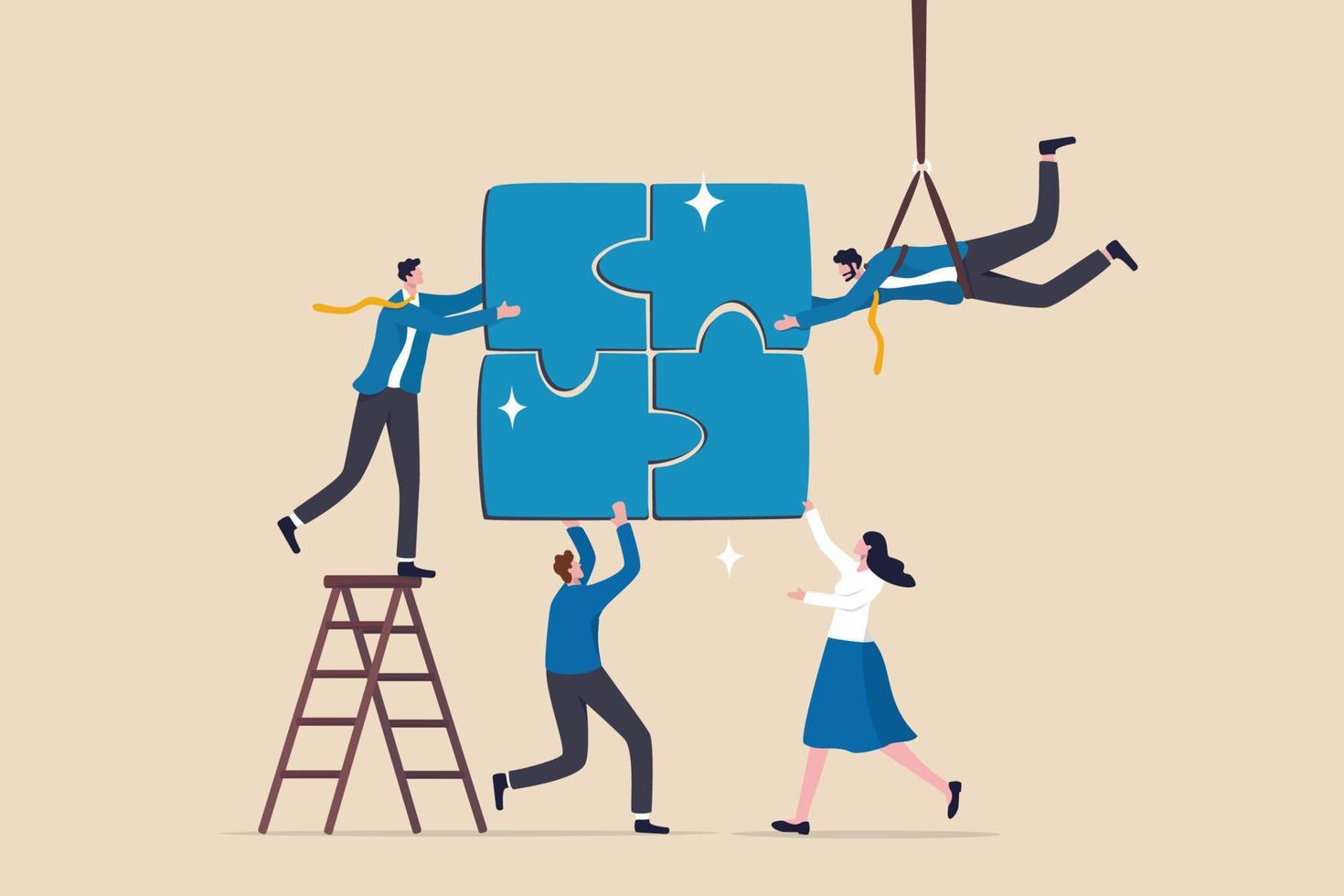 Collaboration work together to solve problem, teamwork unite together to achieve success, connected people or community help finding solution concept, business people team succeed solve jigsaw puzzle. vector