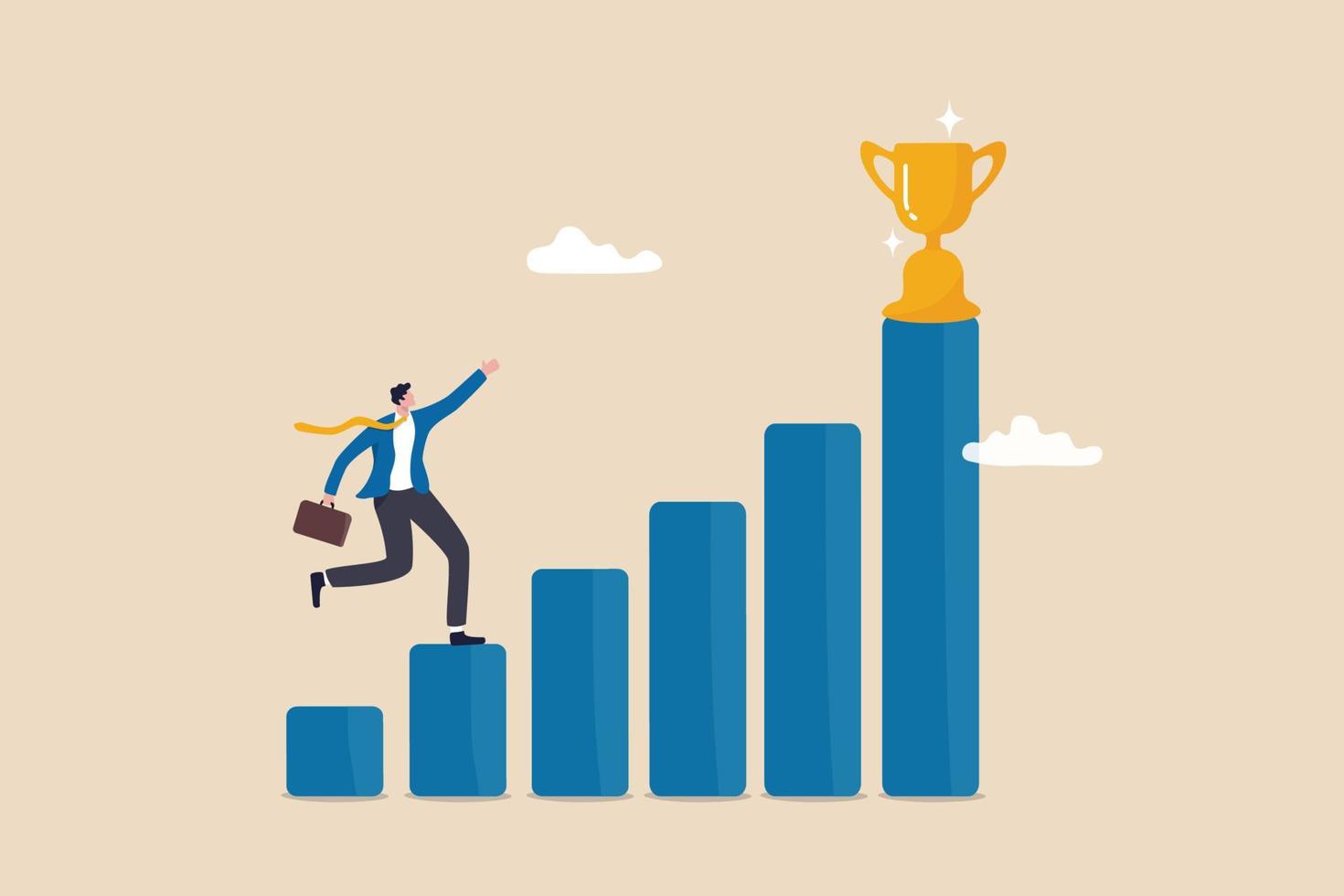 Motivation to drive success, achievement or reward motivate employee to improve and succeed, benefit, prize award concept, motivated businessman running on growing bar graph to catch winner trophy. vector