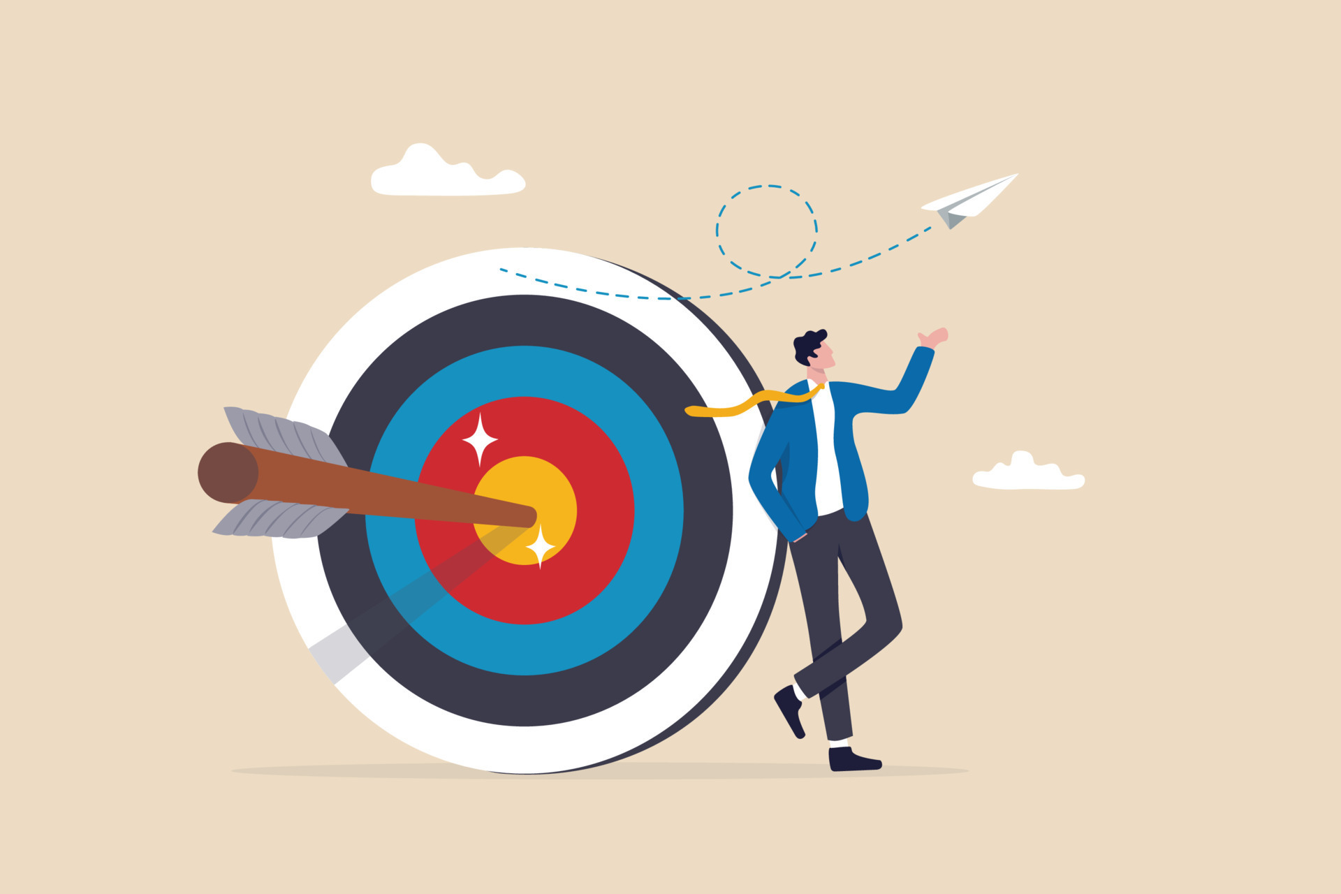 Business objective, purpose or target, goal and resolution to aim for success, aspiration and motivation to achieve goal concept, confident businessman stand with arrow hit bullseye on archery target. 7381722 Vector Art Business objective, purpose or target, goal and resolution to aim for success, aspiration and motivation to achieve goal concept, confident businessman stand with arrow hit bullseye on archery target. 7381722 Vector Art