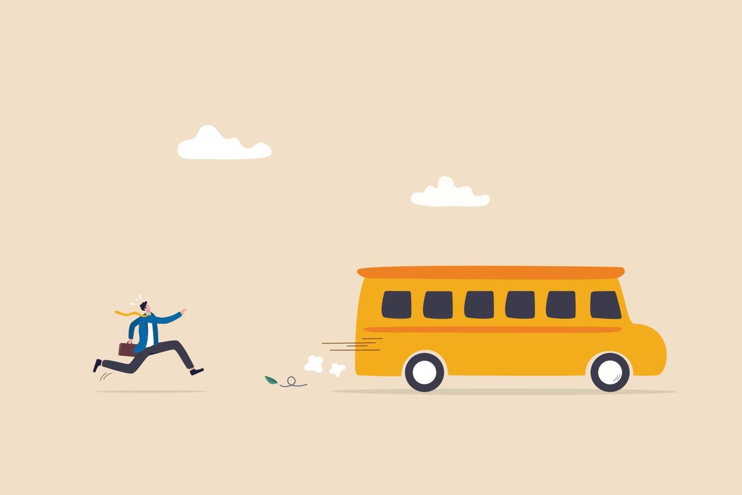 Left behind, exclusion or forgotten employee, failure or mistake to come late and miss the bus, opportunity gone away concept, frustrated businessman come late running to catch the run away bus. vector
