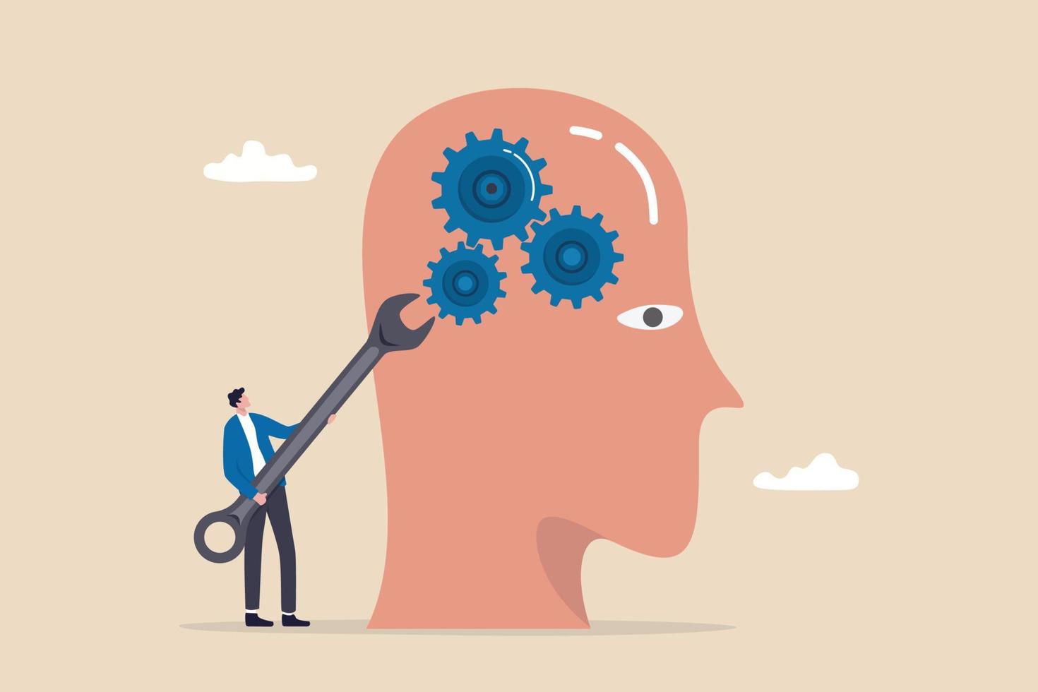 Change mindset or attitude, psychology or brain training to learn new skill to success, mentor or coaching concept, businessman with wrench to adjust gear cogwheels on human head metaphor of mindset. vector