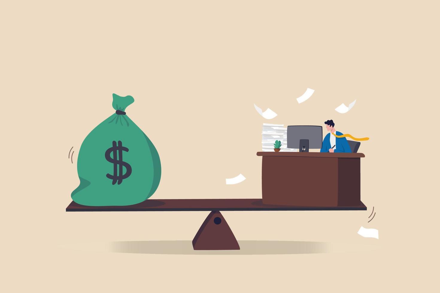 Wages, salary or income, work hard for money or incentive motivate to work overtime, overworked and life balance concept, businessman working hard on busy desk seesaw balance with wages money bag. vector