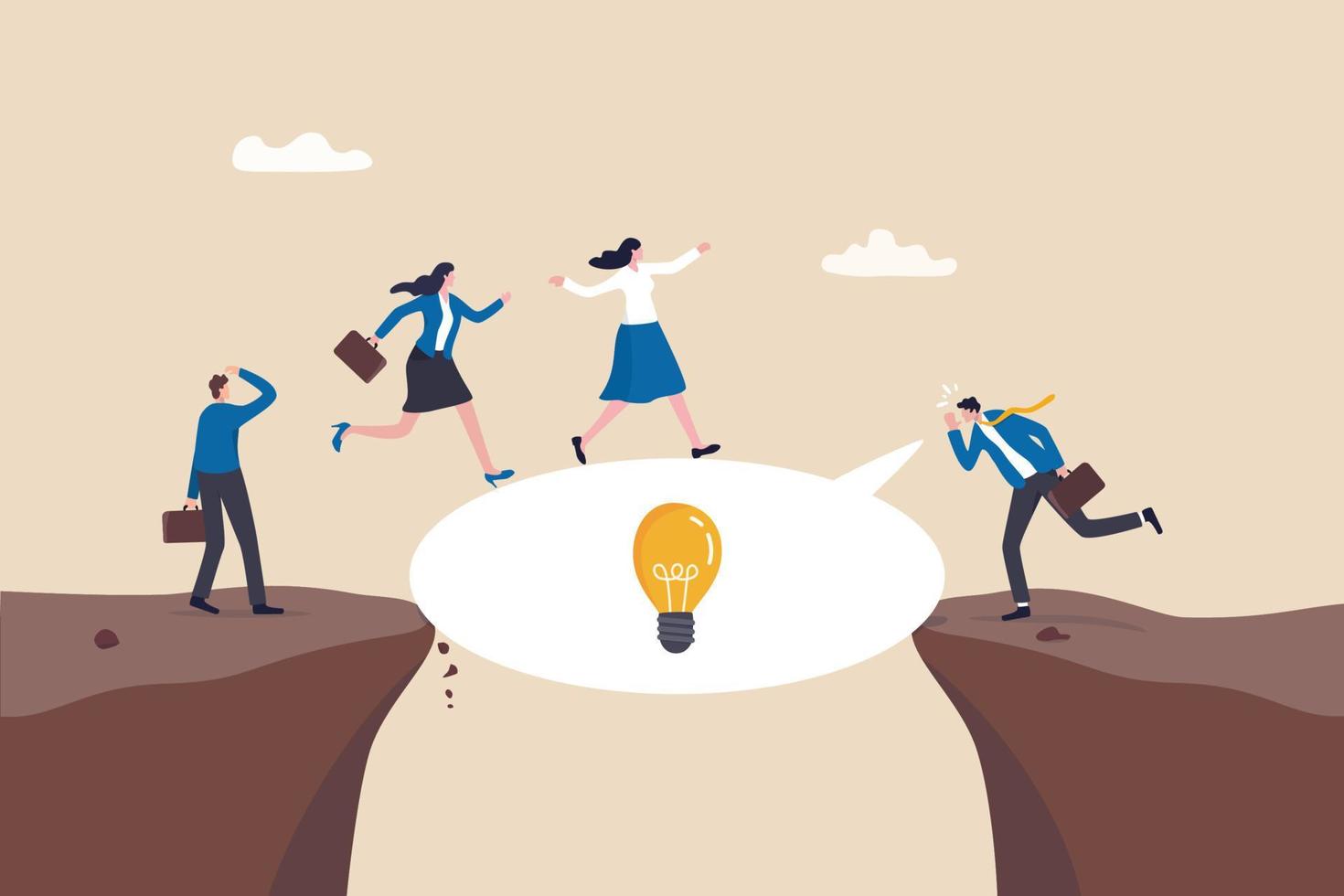 Advice, suggestion or solution to solve business problem, instruction or guidance to overcome difficulty or answer concept, businessman advisor talking with speech bubble to help people cross the gap. vector