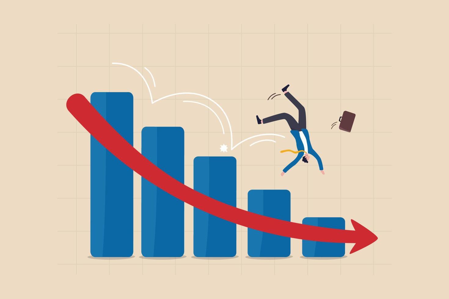 Stock market plunged falling down, economic crash, investing failure or mistake, price drop, recession, investment risk concept, businessman investor slip on stock market graph fall down to the floor. vector