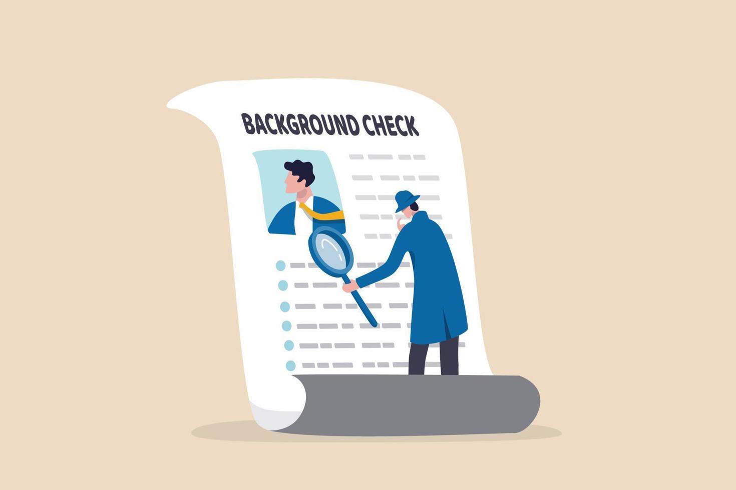 Background check for employment or recruitment, criminal or drug check on candidate or employee, work experience or career history concept, detective with magnifier checking on candidate document. vector