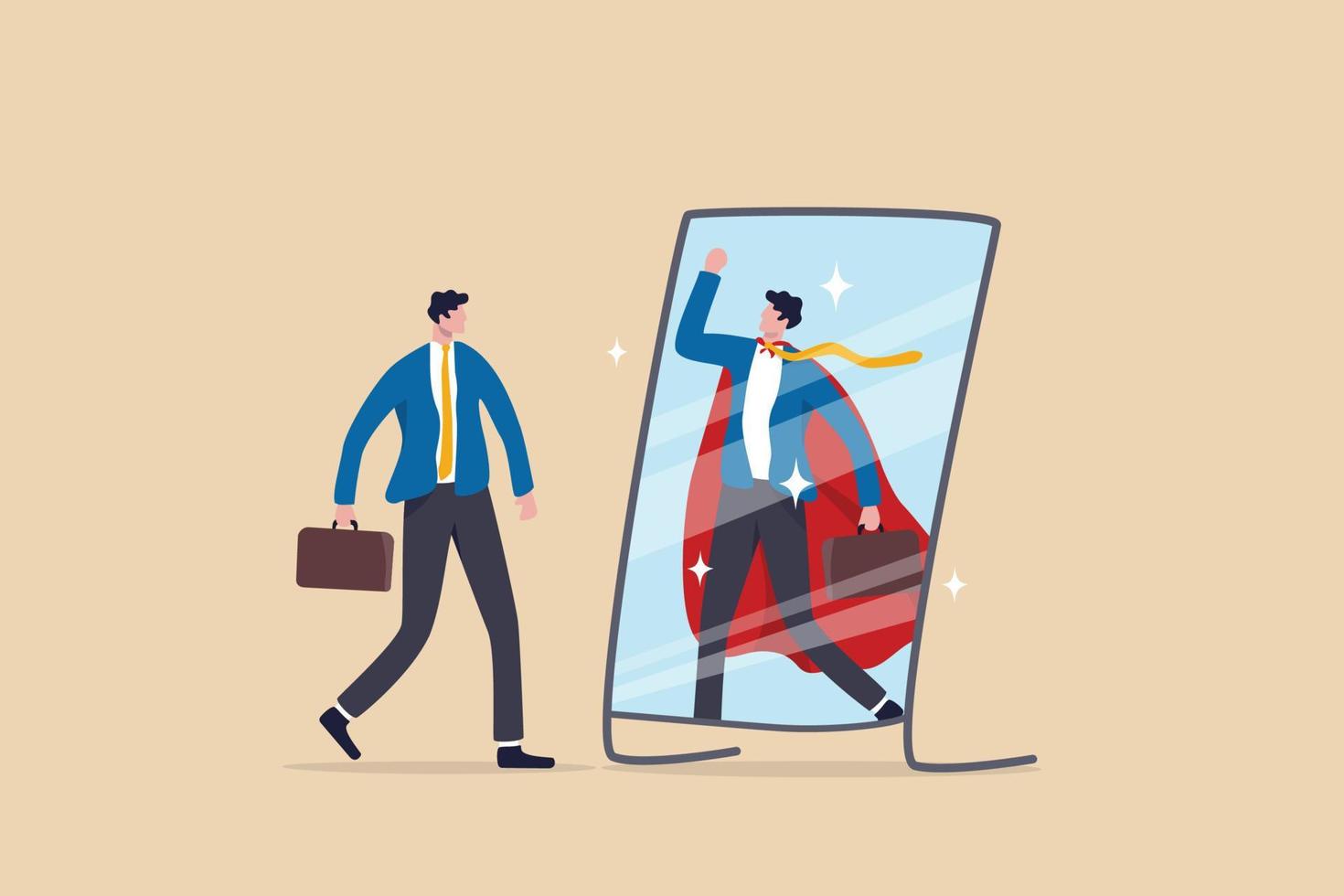 Self confidence or self esteem believe in yourself, positive attitude to success, ambition or determination to achieve goals, businessman looking at his strong ideal self superhero reflection mirror. vector