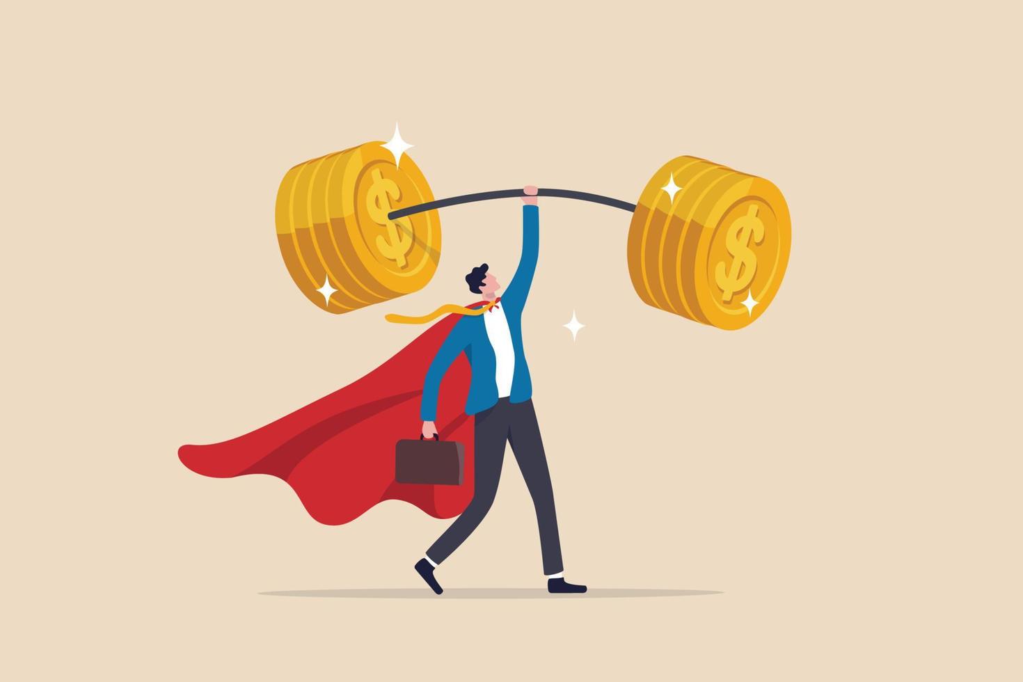Investment professional or financial literacy, investing expert or wealth manager, effort to earn more money or fund profit concept, confidence businessman superhero lift up heavy money coins weight. vector