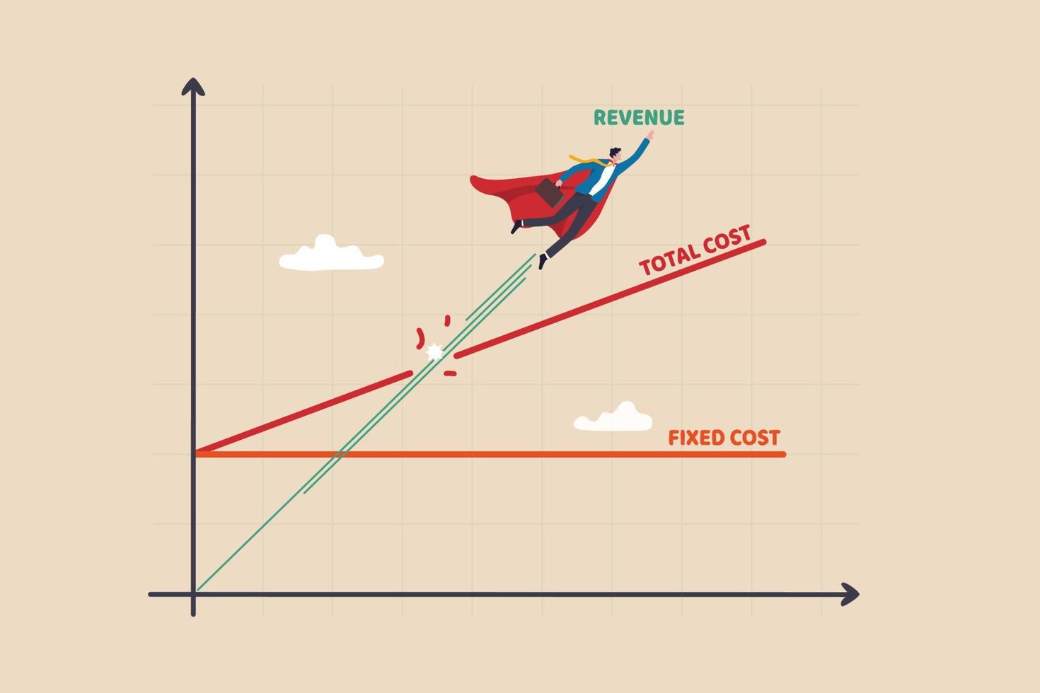 Break even point, business strategy plan revenue growing up to break point and business earn profit, success company growth concept, businessman super hero flying as revenue on break even diagram. vector