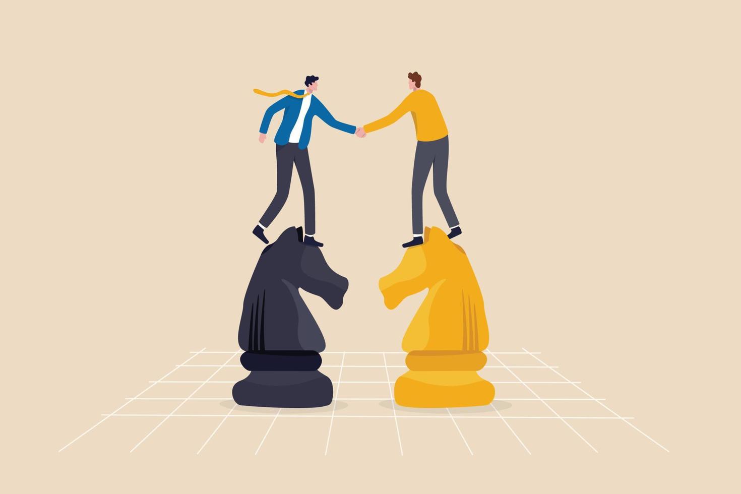 Negotiation skill to deal with competitor, agreement or partnership decision, collaboration strategy to success together concept, businessman leader shaking hand on knight chess metaphor of agreement. vector